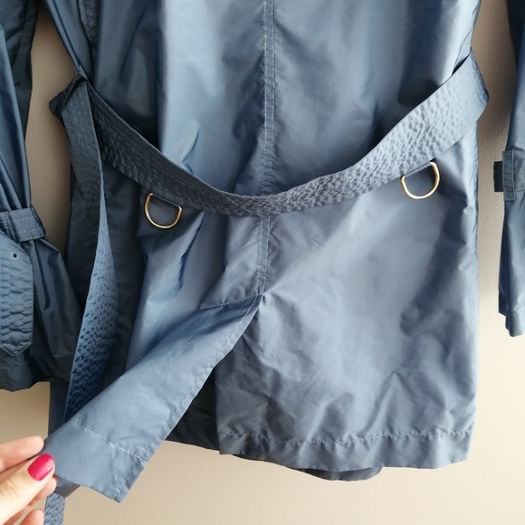 Burberry Double Breasted Blue Nylon Trench Coat Ruffle Trim Waist Belt US 12 - Picture 16 of 17
